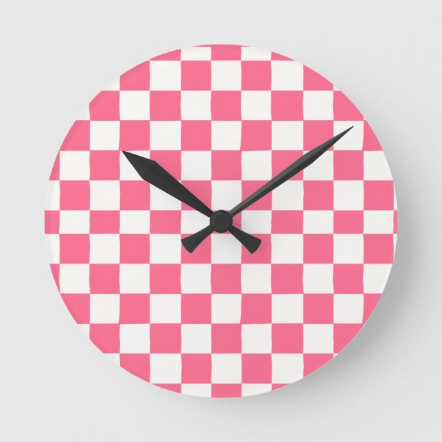 Reloj Redondo Mediano Patrón de cuadros rosa y blanco (Anverso)