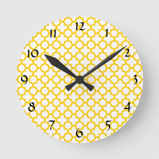 Reloj Redondo Mediano Patrón de cuatrefol amarillo (Anverso)