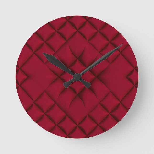 Reloj Redondo Mediano Patrón de Cuero Acolchado Rojo Intenso (Anverso)