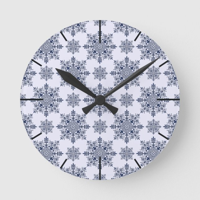 Reloj Redondo Mediano Patrón de Damasco de copo de nieve azul (Anverso)