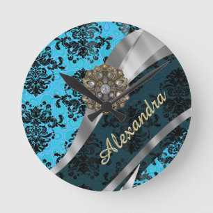 Reloj Redondo Mediano Patrón de damasco giratorio de bonito azul persona