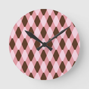 Reloj Redondo Mediano Patrón de diamante de arlequín rosa marrón