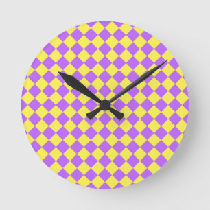 Reloj Redondo Mediano Patrón de diamante de cuadros amarillos púrpura