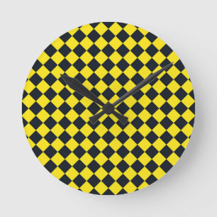 Reloj Redondo Mediano Patrón de diamante de cuadros negro amarillo