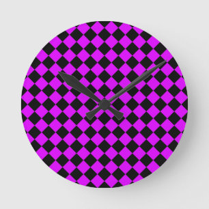 Reloj Redondo Mediano Patrón de diamante de cuadros negro morado
