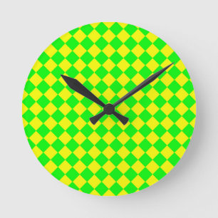 Reloj Redondo Mediano Patrón de diamante de cuadros verde amarillo