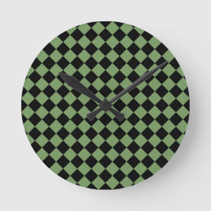 Reloj Redondo Mediano Patrón de diamante de cuadros verdes y negros