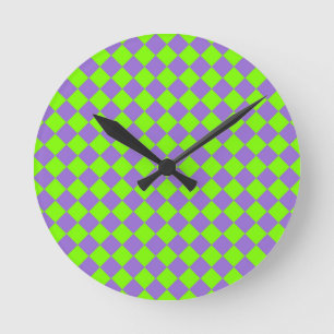 Reloj Redondo Mediano Patrón de diamante de verificador verde púrpura