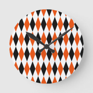 Reloj Redondo Mediano Patrón de diamantes arlequín naranja, negro y blan