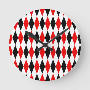 Reloj Redondo Mediano Patrón de diamantes de arlequín rojo, negro y blan