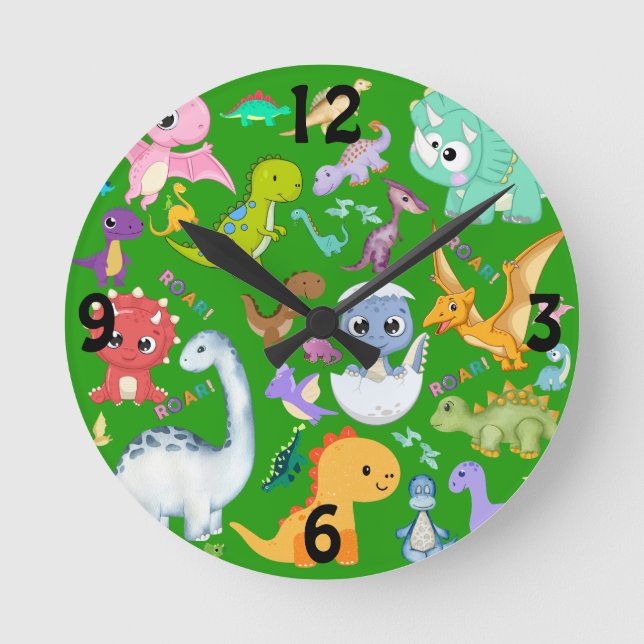 Reloj Redondo Mediano Patrón de dinosaurios pequeños en verde | (Anverso)