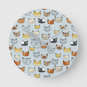 Reloj Redondo Mediano Patrón de doodle de cara de gato
