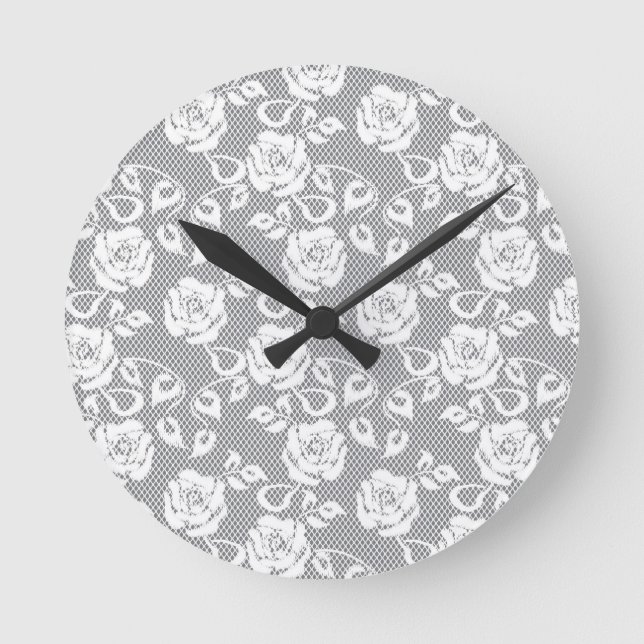 Reloj Redondo Mediano Patrón de encaje blanco sobre fondo gris (Anverso)