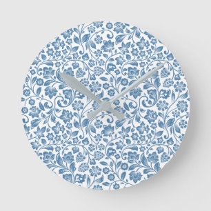 Reloj Redondo Mediano Patrón de enredaderas florales azules y blancas or