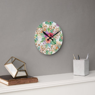 Reloj Redondo Mediano Patrón de estampado de leopardo floral tropical