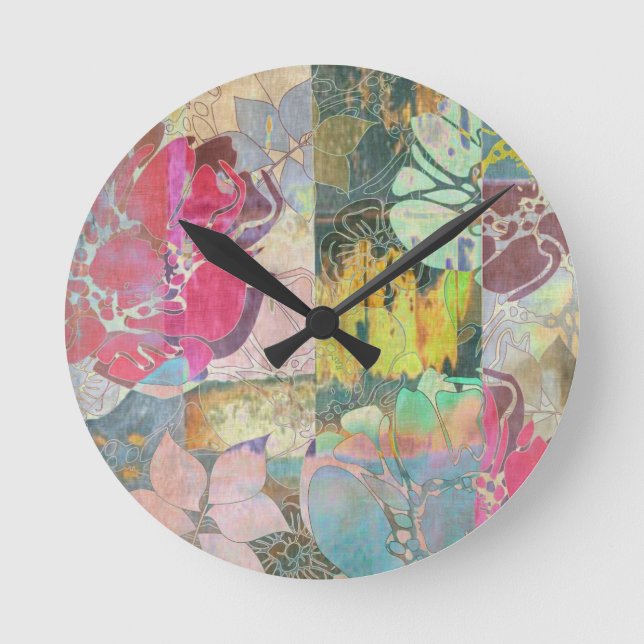 Reloj Redondo Mediano Patrón de estampado floral de arte (Anverso)