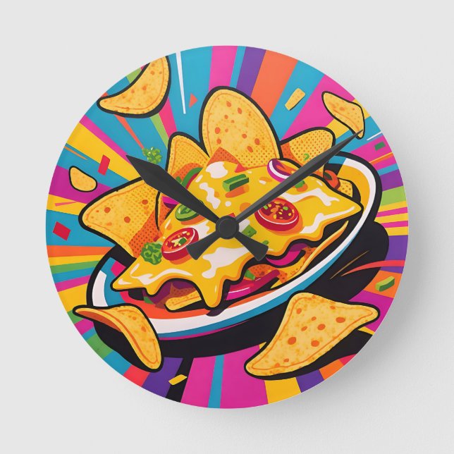 Reloj Redondo Mediano Patrón de Explosión de Nachos con Queso (Anverso)