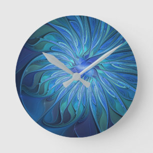 Reloj Redondo Mediano Patrón de fantasía de flor azul, arte fractal abst