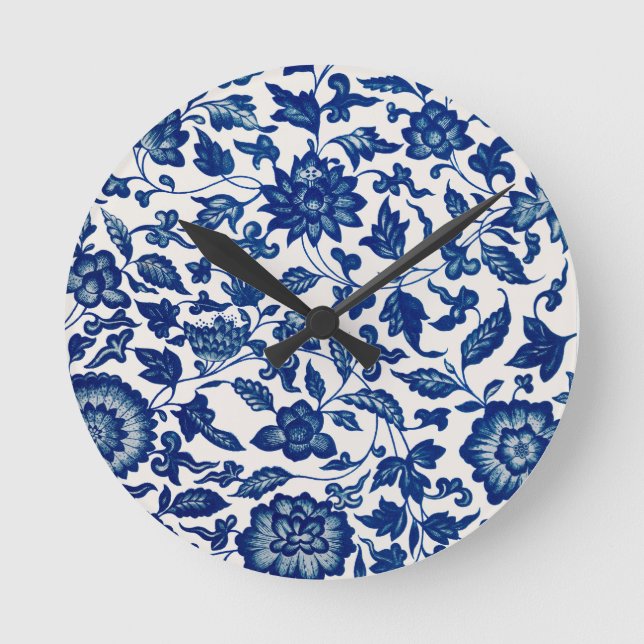 Reloj Redondo Mediano Patrón de Flor Azul (Anverso)