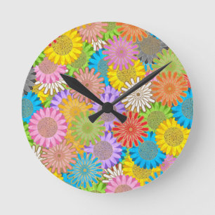 Reloj Redondo Mediano Patrón de Flor Hípster Caótico Ocupado Colorido Br