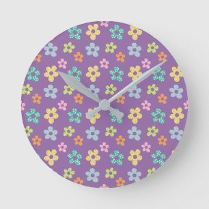 Reloj Redondo Mediano Patrón de flor punteada morada linda