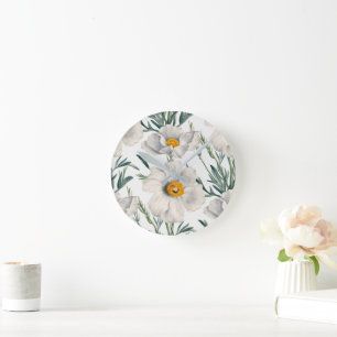 Reloj Redondo Mediano Patrón de flores de amapola de árbol blanco de Cal