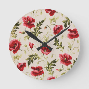 Reloj Redondo Mediano Patrón de flores de amapolas rojas brillantes vint