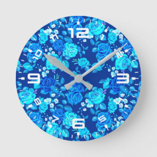 Reloj Redondo Mediano Patrón de flores de rosa azul clásica-87600