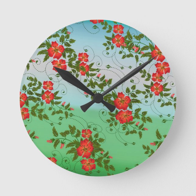 Reloj Redondo Mediano Patrón de flores rojas y verdes (Anverso)