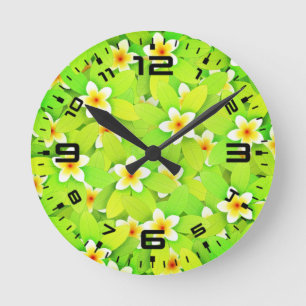 Reloj Redondo Mediano Patrón de flores verdes hojas flores amarillas