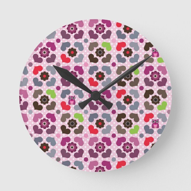 Reloj Redondo Mediano patrón de flores y búhos rosados (Anverso)
