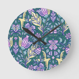 Reloj Redondo Mediano Patrón de flores y pájaros de estilo antiguo