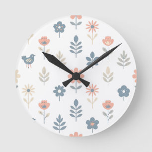 Reloj Redondo Mediano Patrón de flores y pájaros folk escandinavo