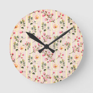 Reloj Redondo Mediano Patrón de franja floral rosa suave