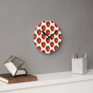 Reloj Redondo Mediano Patrón de fresa, fresas rojas, frutas, hojas