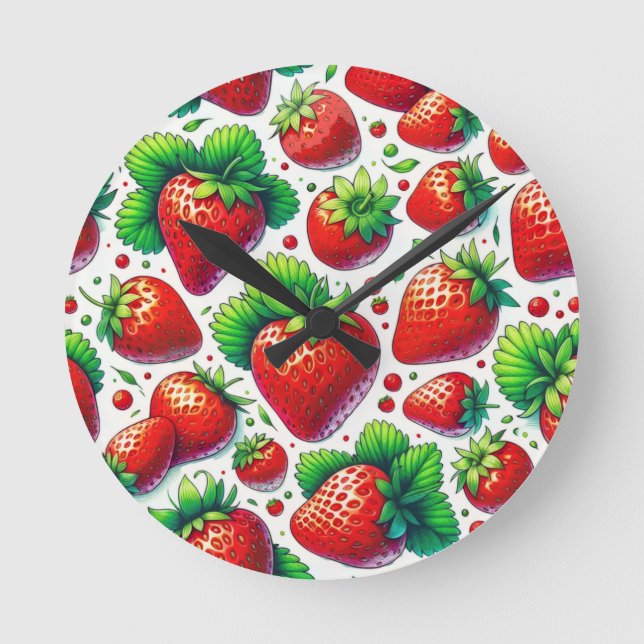 Reloj Redondo Mediano Patrón de Fresas (Anverso)