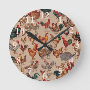Reloj Redondo Mediano Patrón de gallo vintage: Arte de granja