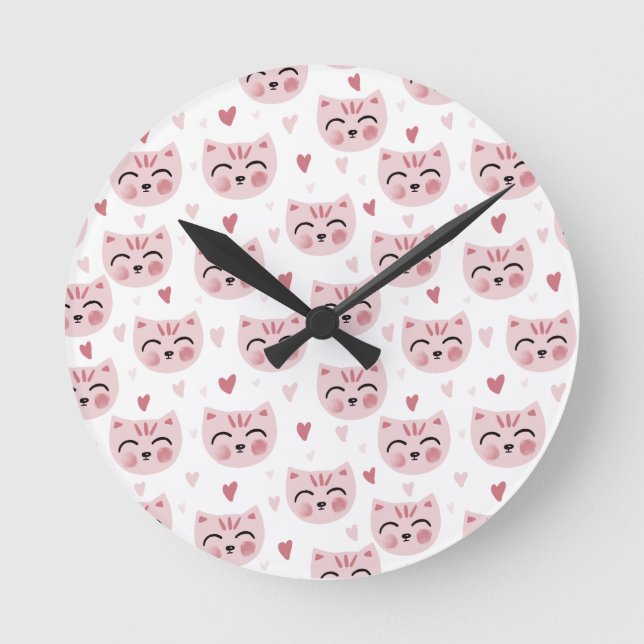 Reloj Redondo Mediano Patrón de Gatitos Rosados y Corazones para Niños (Anverso)