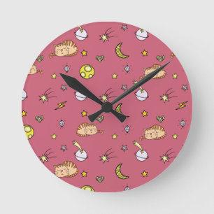 Reloj Redondo Mediano Patrón de gato espacial lindo – Gatito cósmico ado