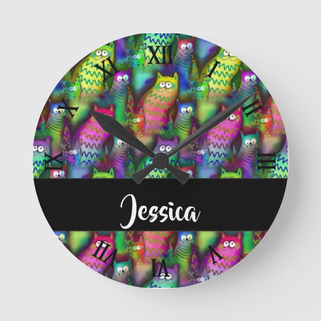Reloj Redondo Mediano Patrón de gatos gradientes coloridos (Anverso)