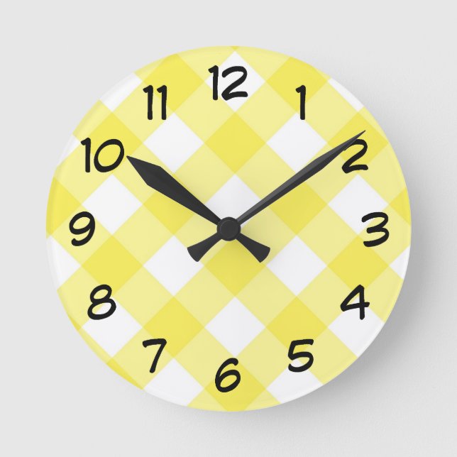 Reloj Redondo Mediano Patrón de Gingham amarillo Sunny (Anverso)