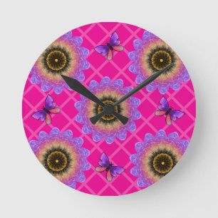 Reloj Redondo Mediano Patrón de girasol y mariposa de terciopelo púrpura