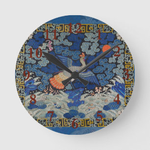 Reloj Redondo Mediano Patrón de grulla china vintage: azul imperial