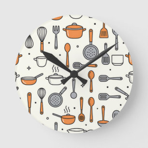 Reloj Redondo Mediano Patrón de herramientas de cocina lindas 