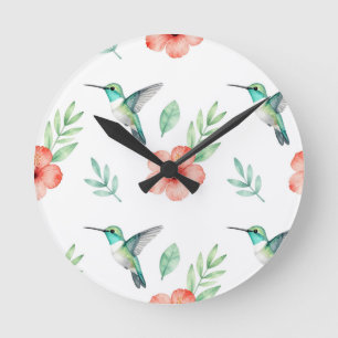 Reloj Redondo Mediano Patrón de Hibisco Colibrí Turquesa