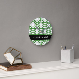 Reloj Redondo Mediano Patrón de Hoja, Hojas Verdes, Tu Nombre