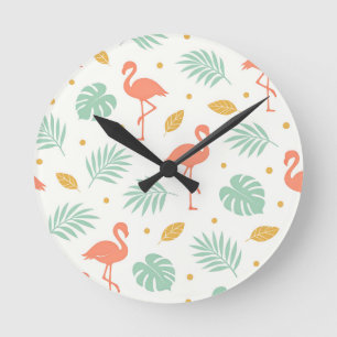 Reloj Redondo Mediano Patrón de hoja tropical de flamenco coral
