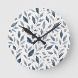 Reloj Redondo Mediano Patrón de hojas de acuarela azul elegante