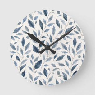 Reloj Redondo Mediano Patrón de hojas de acuarela azul elegante