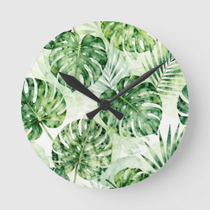Reloj Redondo Mediano Patrón de hojas de palma Monstera tropical acuarel